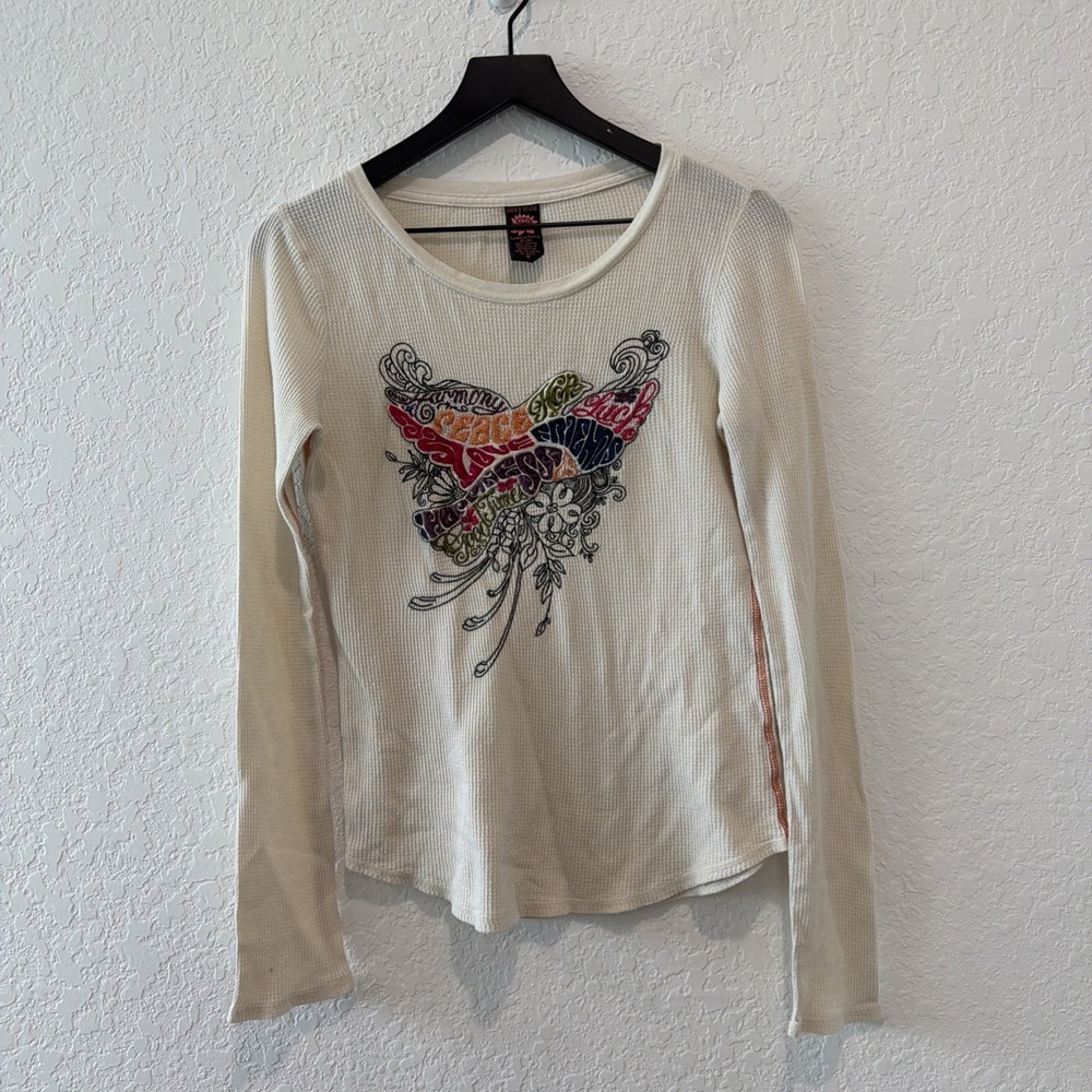 Lucky Brand Vintage Y2K Thermal Embroidered Longsleeve Peace Love Hope Medium